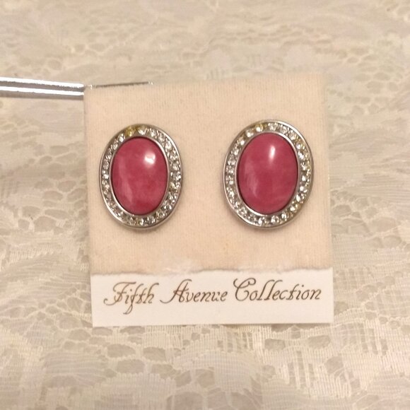 Vintage Genuine Pink Coral Clear Cubic Zirconia Silver Tone Oval Clip Earrings - Picture 1 of 8